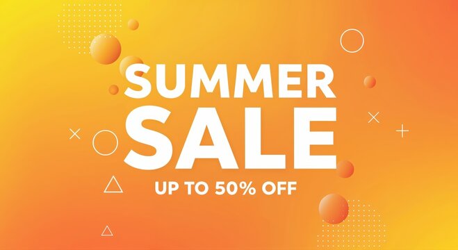 Summer Sale: A vibrant and captivating advertisement design with the text Summer Sale and an offer of Up to 50% Off on a lively orange and yellow gradient background.