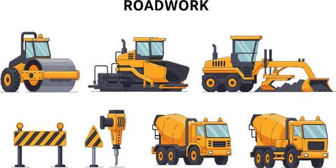 Collection of yellow and dark gray roadwork vehicles and safety signs no background
