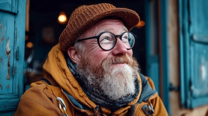 A close-up portrait of an elderly man with a long white beard, wearing round glasses, a brown knitted hat, and a yellow jacket.
