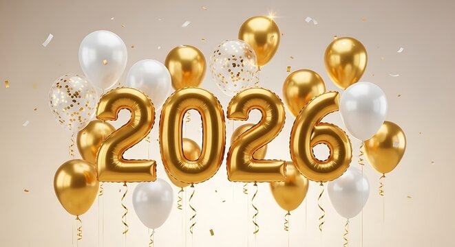 Golden 2026 Balloons and Confetti Create a Festive New Year Celebration Background for Holiday Greetings and Future Planning