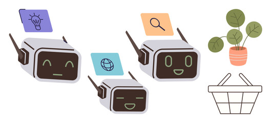 Three cheerful robots display ideas, search, and global knowledge icons alongside a green potted plant and a shopping basket. Ideal for technology, environment, shopping, teamwork, education