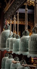 Fototapeta premium Symphony of bronze: Harmonious arrangement of temple bells evoking spiritual resonance
