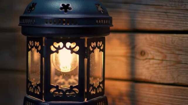 Lit, decorative lantern with ornate metal cutouts casts a warm glow against a rustic wooden wall