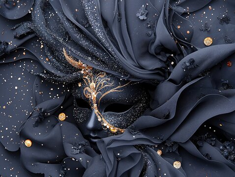 A dark, elegant masquerade mask is partially obscured by flowing dark fabric and scattered gold glitter.