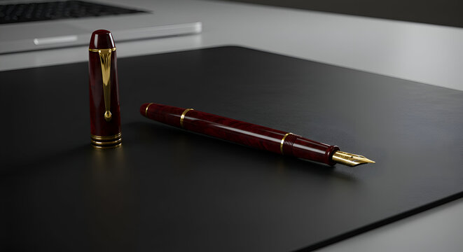 A maroon fountain pen with gold accents resting on a dark gray desk mat. Elegant writing instrument on a modern office workspace.