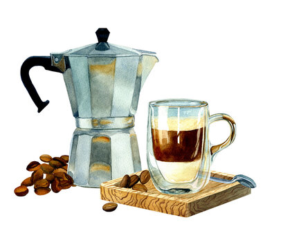 Coffee shop advertisement isolated composition. Watercolor illustration with silver geyser coffee maker, cappuccino glass cup, roasted coffee beans. Design to cafe menu, card, season offer, labels