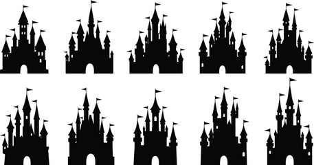 Black Silhouette Fantasy Castle Icons Collection: Fairy Tale Kingdom, Magic Palace, Medieval Fortresses, and Royal Dream Landmark Vector Graphics Set
