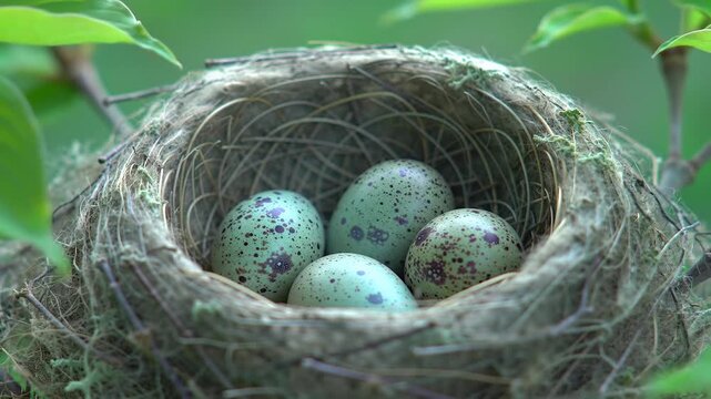 Close-up of a bird's nest cradling four speckled eggs, nestled among twigs and soft materials, set against a blurred green backdrop