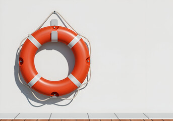 Orange life preserver hanging on a white wall with wooden floor. A simple, safety item in a neutral environment. Generic item for safety stock -