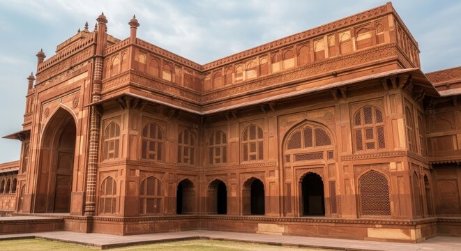 Intricate red sandstone architecture of Fatehpur Sikri showcasing detailed carvings and historical