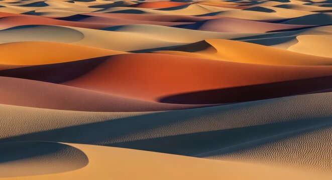 Harmonious desertscape featuring textured dunes, warm colors, and rhythmic patterns, evoking a