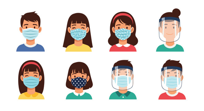 Diverse group of children wearing face masks and shields to protect against illness.