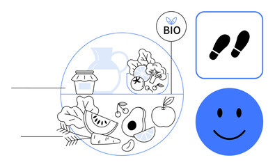 Fototapeta premium Sustainability concept. Sustainability with organic food items thumbs up fruits and vegetables promoting eco-friendly choices. Sustainability icons supporting health and environmental balance