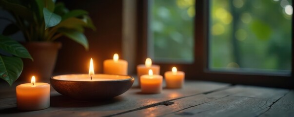 Burning candles surround a peaceful meditation area, self-care, atmosphere