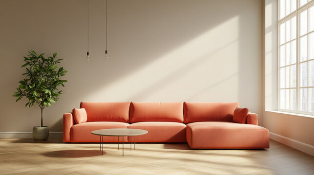 Neutral toned living room with orange sofa, round coffee table, large window, and indoor plant