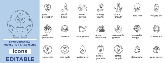 Environmental Protection and Recycling line icon set