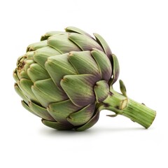 Obraz premium Whole green artichoke vegetable with purple tinges and stem on white background, fresh produce, healthy eating, organic food