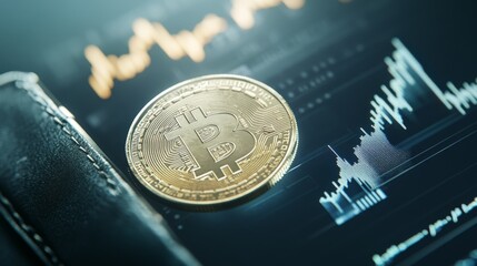 57.A dramatic close-up of a Bitcoin coin slipping out of an open wallet, set against a blurred background of falling currency values. The screen on the wallet shows the sharp plunge in Bitcoin's