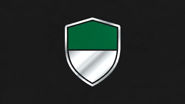 Modern shield emblem featuring a green top section and silver base on black