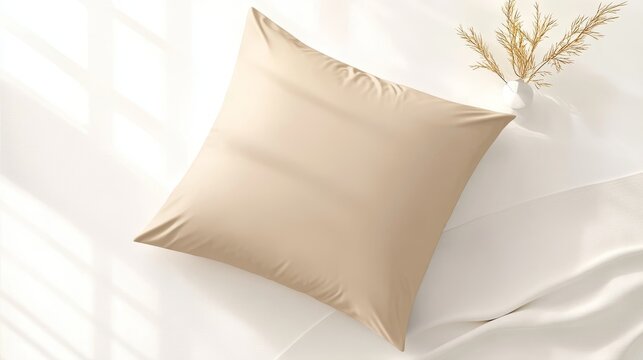 64.A well-lit image showing a beige rectangular pillow on a white background, with the pillowcase perfectly arranged. The pillow is shown from different perspectives, showcasing its sleek design. The