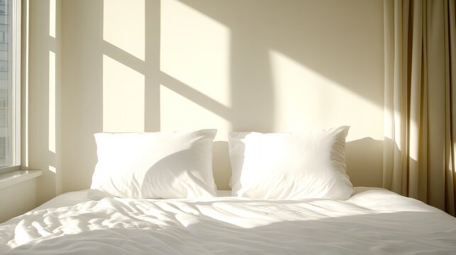 100.A pair of white pillows positioned symmetrically on a bed, bathed in the soft glow of morning light. The gentle rays of sunlight highlight the plush texture and pristine white color of the