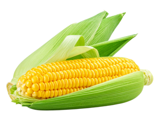 Fresh Corn on the Cob with Husk Partially Peeled, Realistic Food PNG