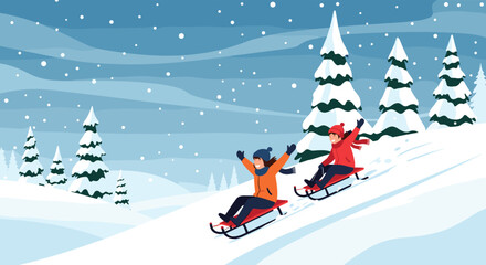 Two children enjoying sledding down a snowy hill on a winter day with snow falling.
