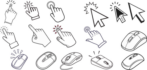 Set of computer mouse cursors and click/tap hand gestures in clean outline style. Ideal for UI/UX, app interfaces, tutorials, infographics and web navigation. Vector EPS.