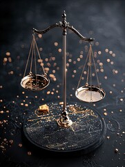 A detailed, close-up shot of an ornate golden balance scale resting on a dark, circular base adorned with constellations and scattered gold dust.