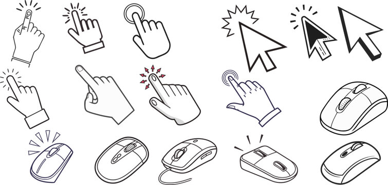 Set of computer mouse cursors and click/tap hand gestures in clean outline style. Ideal for UI/UX, app interfaces, tutorials, infographics and web navigation. Vector EPS.