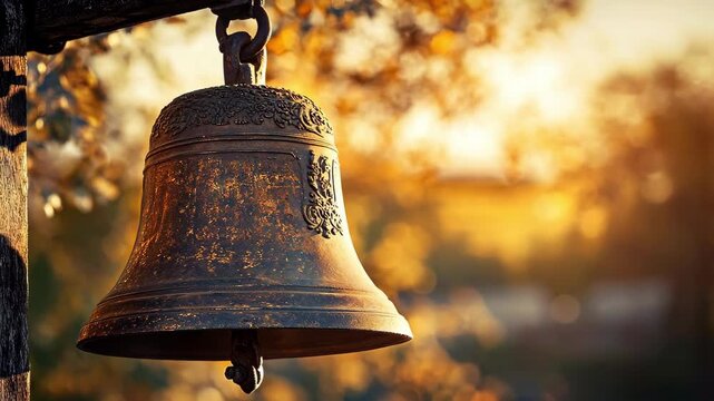 Antique bronze bell hanging outdoors in warm, golden sunlight. Serene and peaceful.