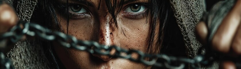 Martial arts woman in action with chain belt concept. An intense portrait of a person with chains, capturing strength.
