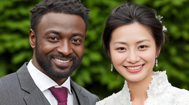 Beautiful Diverse Bride and Groom Portrait: Outdoor Wedding Ceremony with Modern Fashion and Traditional Attire in a Green Nature Background Celebrating Love, Unity, and Happiness