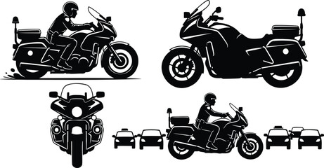 Obraz premium Police motorcycle vector illustration set: officer on bike side view, solo bike side and front views, officer navigating traffic scene, highlighting law enforcement transportation. Vector