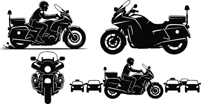 Police motorcycle vector illustration set: officer on bike side view, solo bike side and front views, officer navigating traffic scene, highlighting law enforcement transportation. Vector