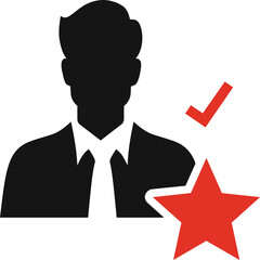 Silhouette of a Businessman in a Suit with a Tie Next to a Red Star and Check Mark Symbol Against a Transparent Background