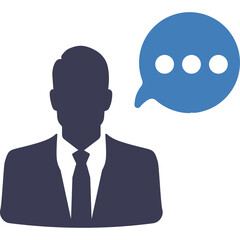 Silhouette of a Businessman in a Dark Suit and Tie with a Blue Speech Bubble Icon on a Transparent Background Represents Communication and Ideas