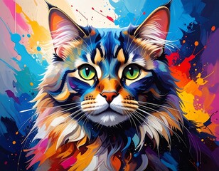 A regal cat portrait, awash in vibrant paint splatters