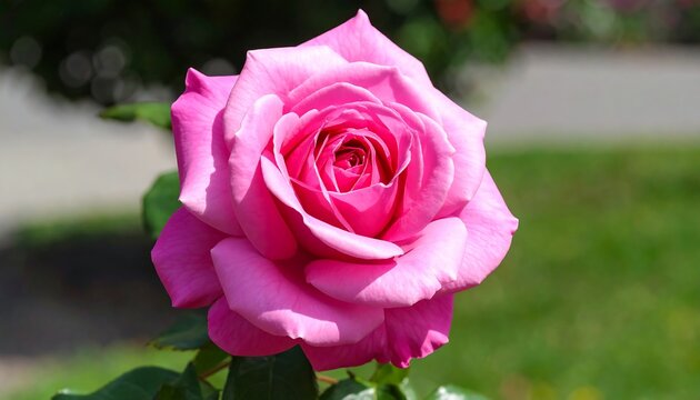 Close-up of a vibrant, fully opened pink flower with multiple petals, set against a blurred green backdrop