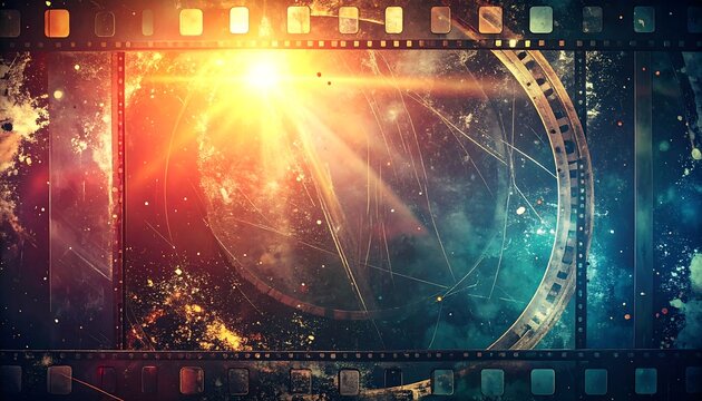 A stunning cosmic cinematic view, portraying a starburst illuminating a celestial sphere, framed by classic film strips
