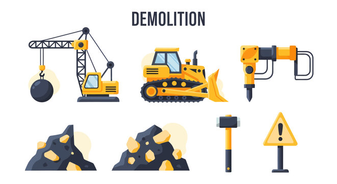 Flat design icons illustrating various demolition tools and debris