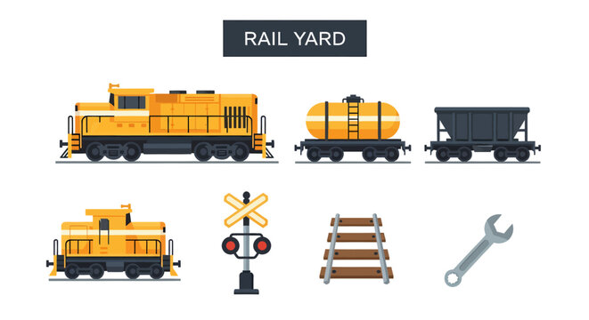 Flat design icons of railroad equipment including locomotives railcars signal track and wrench