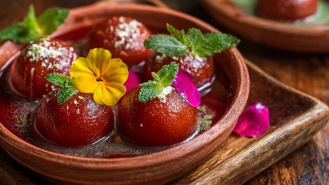 Indian gulab jamun dessert with flower garnish
