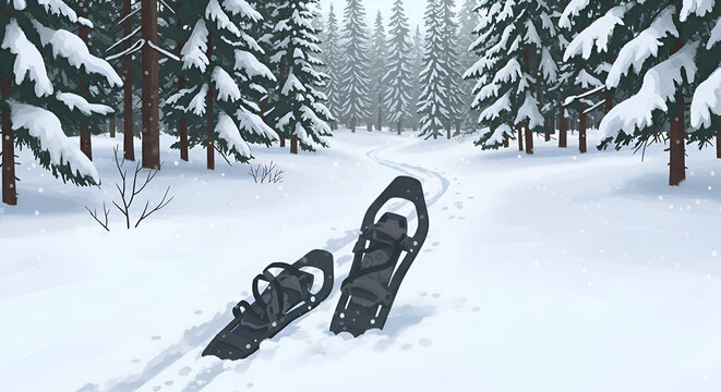 Winter snowshoeing in a snowy forest. Snowshoes resting in a snowy trail amidst tall evergreen trees. Outdoor enthusiast with snowshoes in a snowy forest. Winter wonderland.