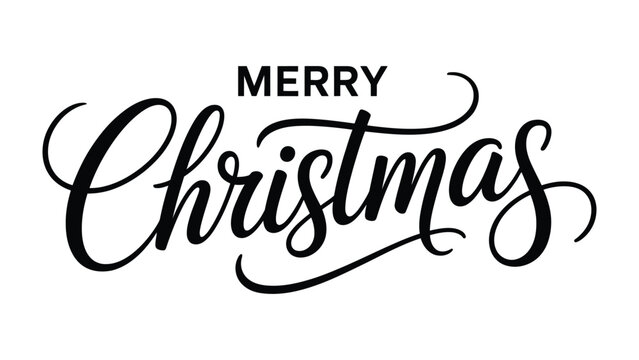 Elegant Merry Christmas Hand-Lettered Typography Design in Black Script Style, Decorative Festive Holiday Text Suitable for Seasonal Greeting Cards, Winter Posters, and Celebration Graphics