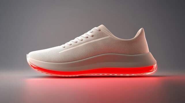 White sneaker with mesh texture, glowing red sole, modern design, stylish and futuristic look