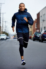 Athletic man running at fast pace on urban street wearing hooded jacket and running gear in city environment. Generative AI.