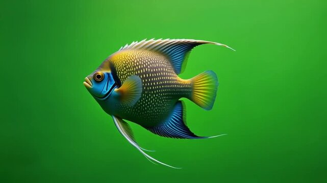 High-definition footage of a majestic angel fish swimming calmly, bright green greenscreen b