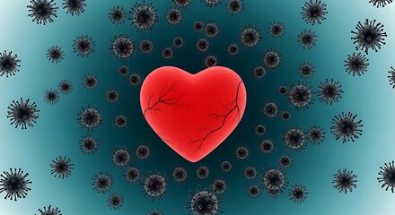 Heart surrounded by viruses, representing cardiovascular health during a pandemic.