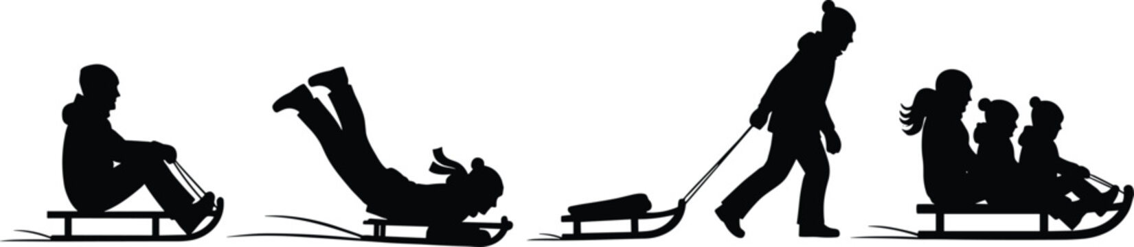 Kids sledding winter silhouette strip with snow play and sled activities